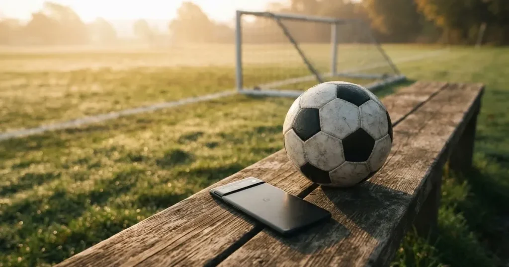 Ein Smartphone mit dunklem Bildschirm liegt neben einem Fussball auf einer Holzbank am Rand eines Trainingsplatzes im Morgenlicht.