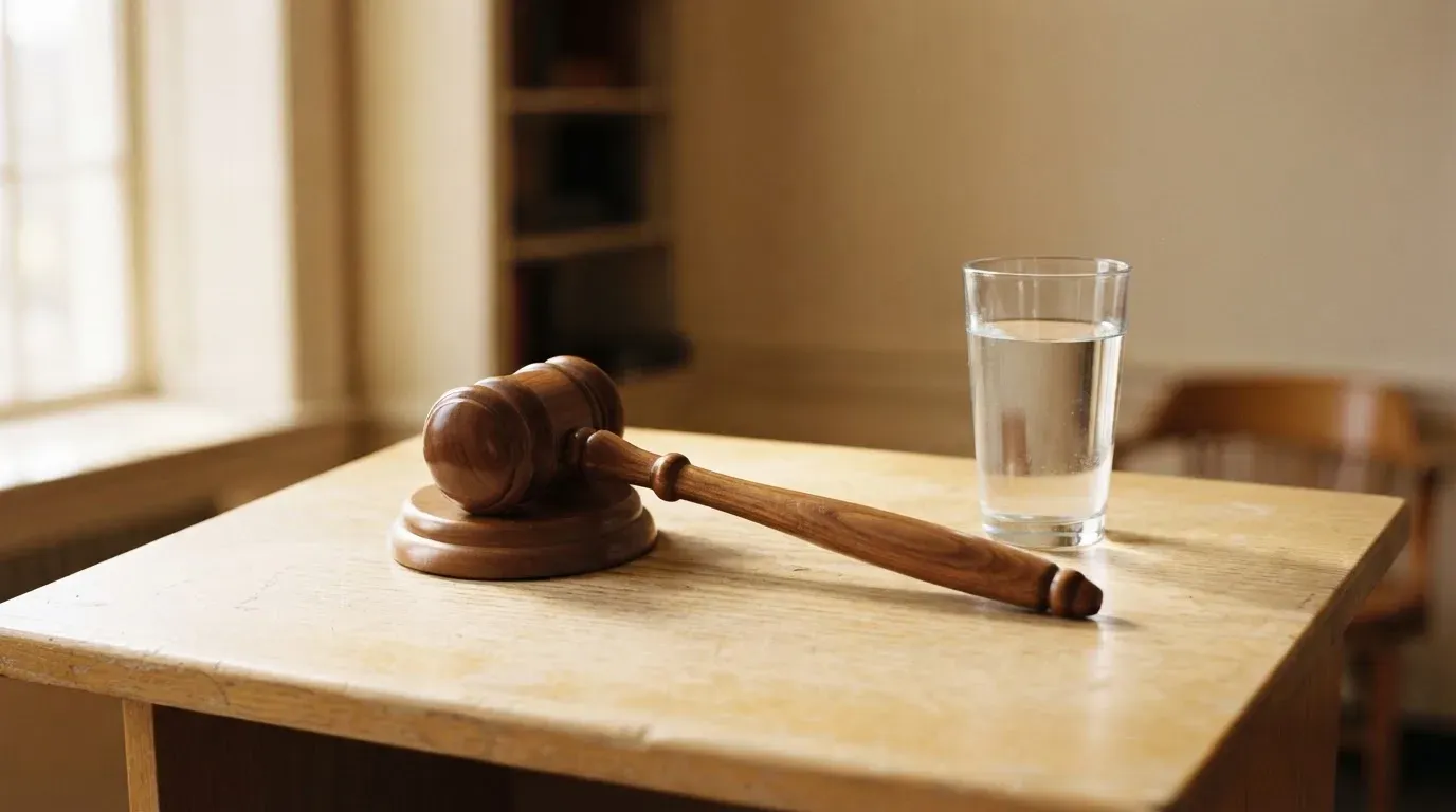 Ein hölzerner Richterhammer liegt auf einem hellen Pult, daneben steht ein Glas Wasser.