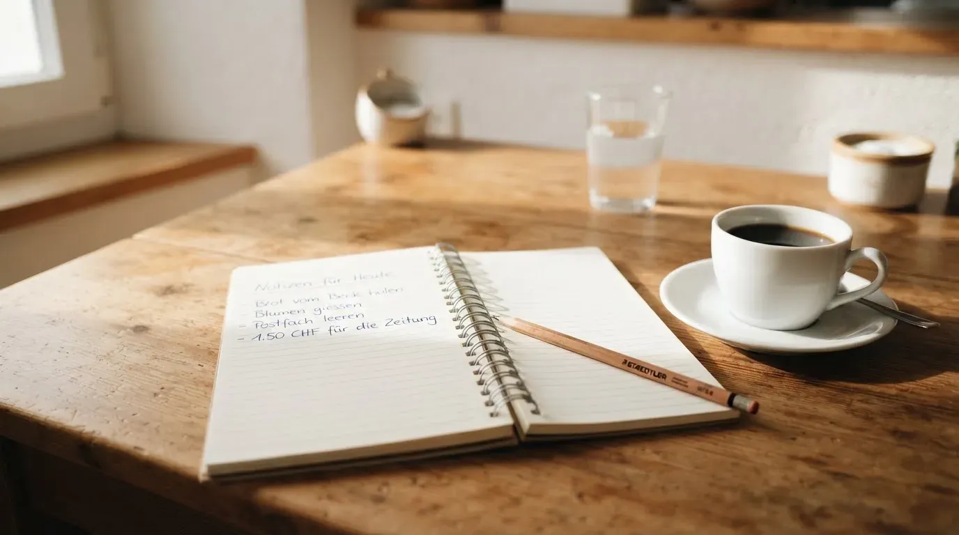 Eine Tasse Kaffee und ein Bleistift liegen auf einem sonnenbeschienenen Küchentisch neben einem leeren Notizblock.