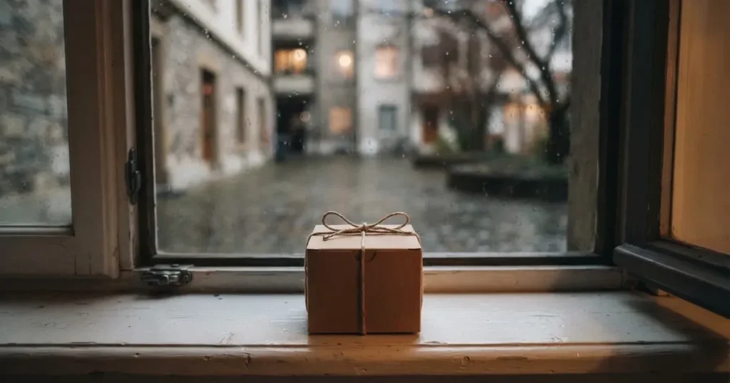 Eine kleine Pappschachtel, mit Schnur zugebunden, steht auf einem Fensterbrett, draussen ein verregneter Hinterhof.