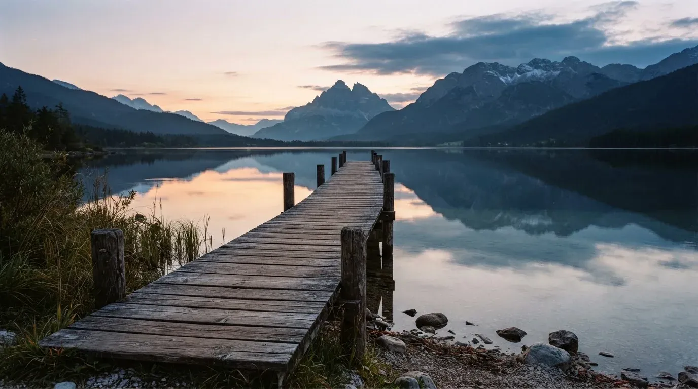 Ein leerer Holzsteg ragt am Abend in einen ruhigen Bergsee, das Wasser spiegelt den Himmel.