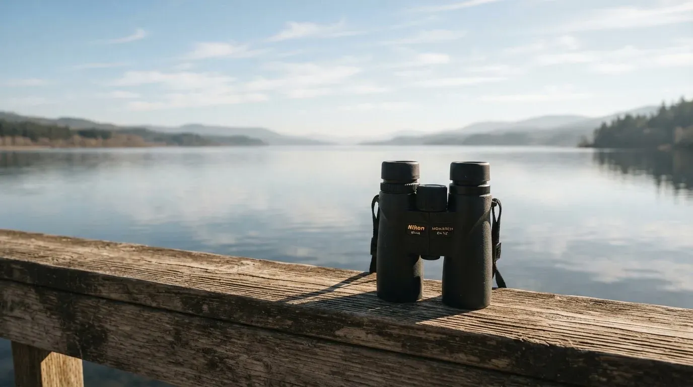 Ein Fernglas liegt auf dem Geländer einer Aussichtsplattform über einem See, dahinter flache Hügel im Dunst.