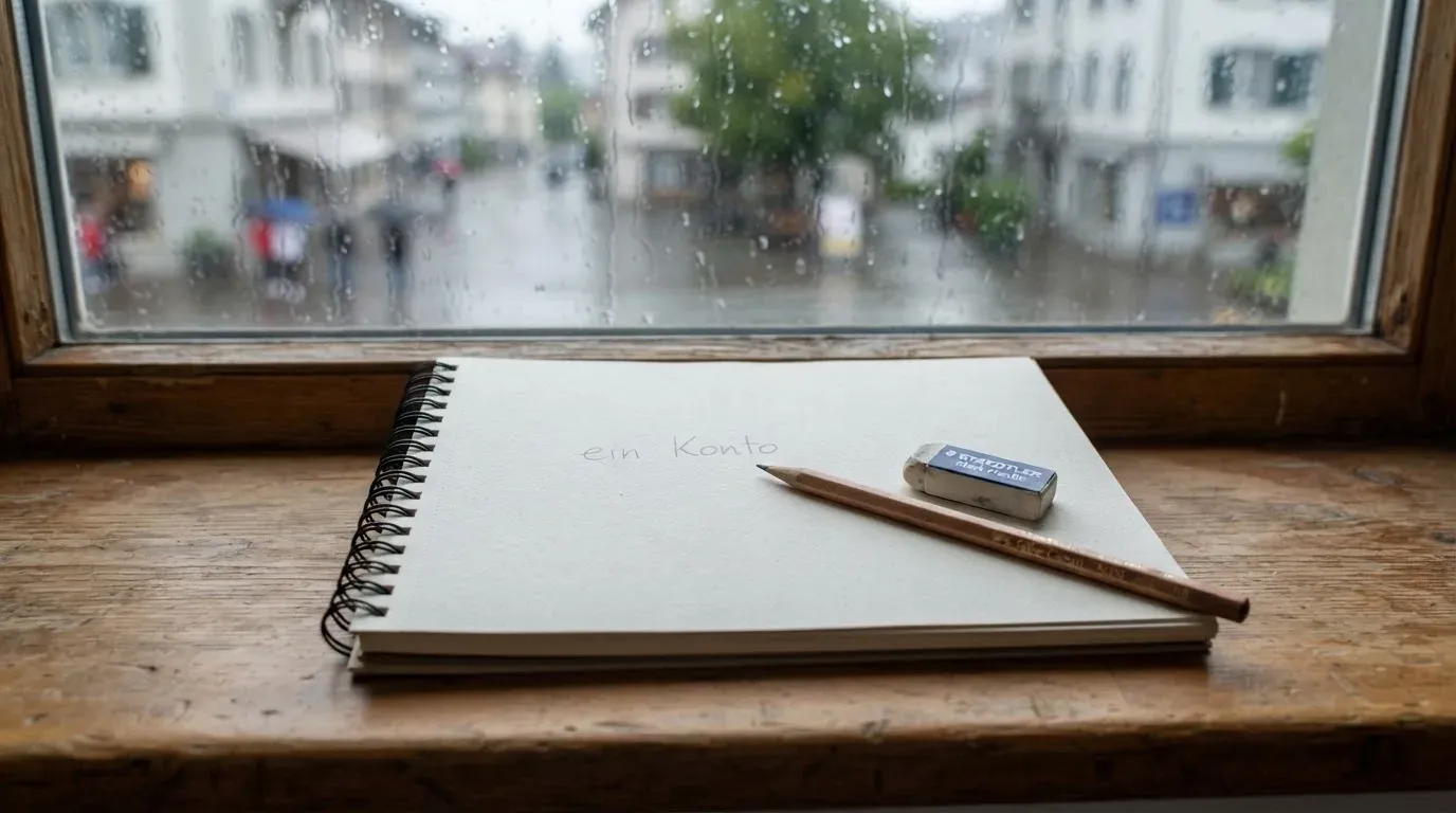 Ein Zeichenblock mit einem Bleistift und einem Radiergummi liegt auf einem Fensterbrett, draussen fällt Regen.
