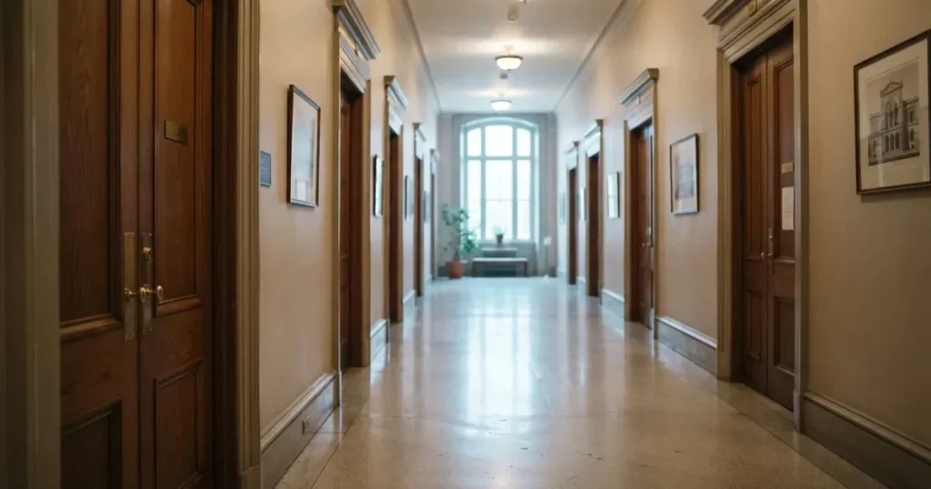 Ein langer Flur mit Holztüren und hellem Boden in einem ruhigen Verwaltungsgebäude, am Ende fällt Tageslicht durch ein Fenster.