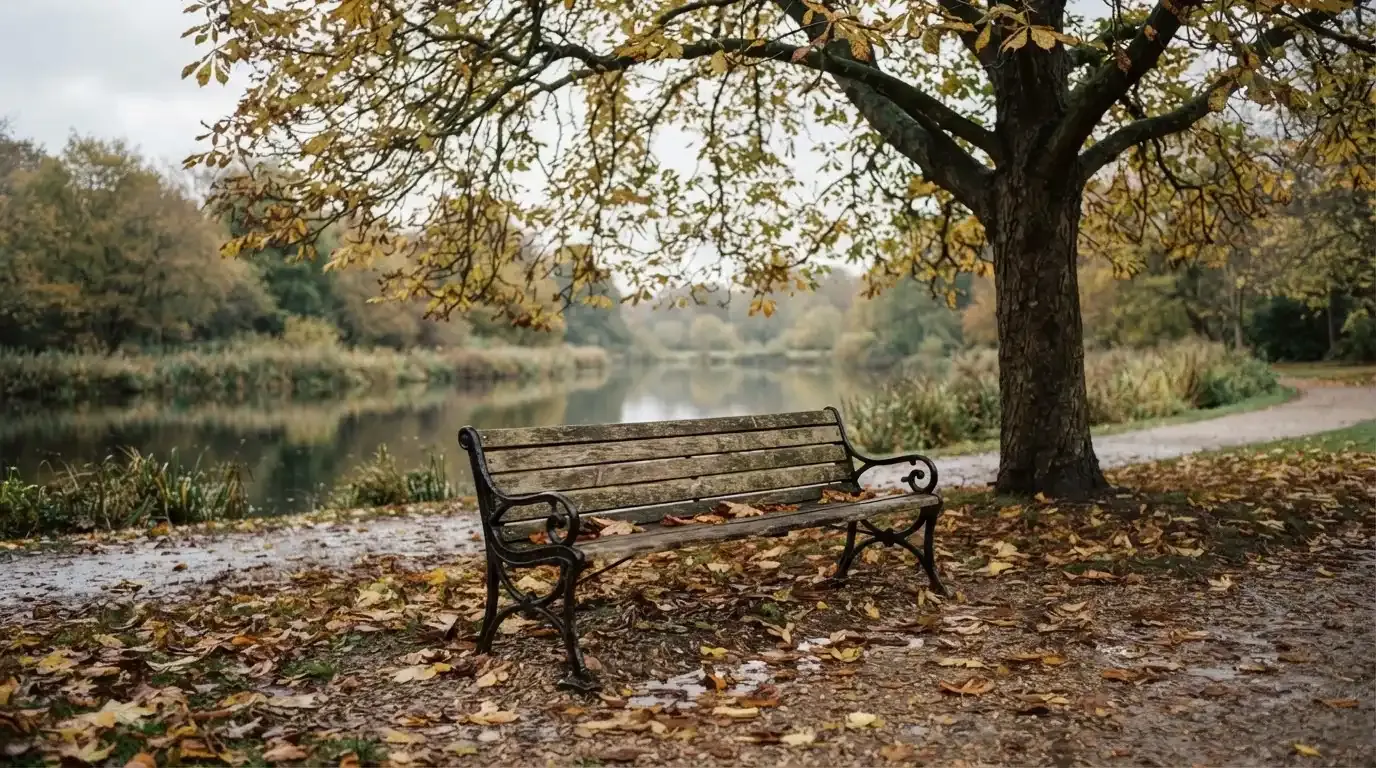 Eine Parkbank unter einer Kastanie, Herbstlaub bedeckt den Kiesweg, im Hintergrund ein stiller Teich.