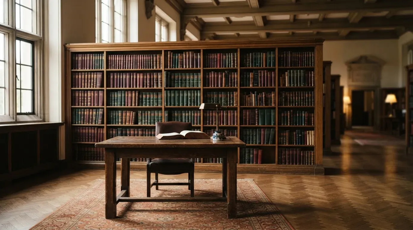 Ein Bücherregal mit ledergebundenen Bänden in dunklen Farben in einer stillen Bibliothek, davor ein Lesetisch.