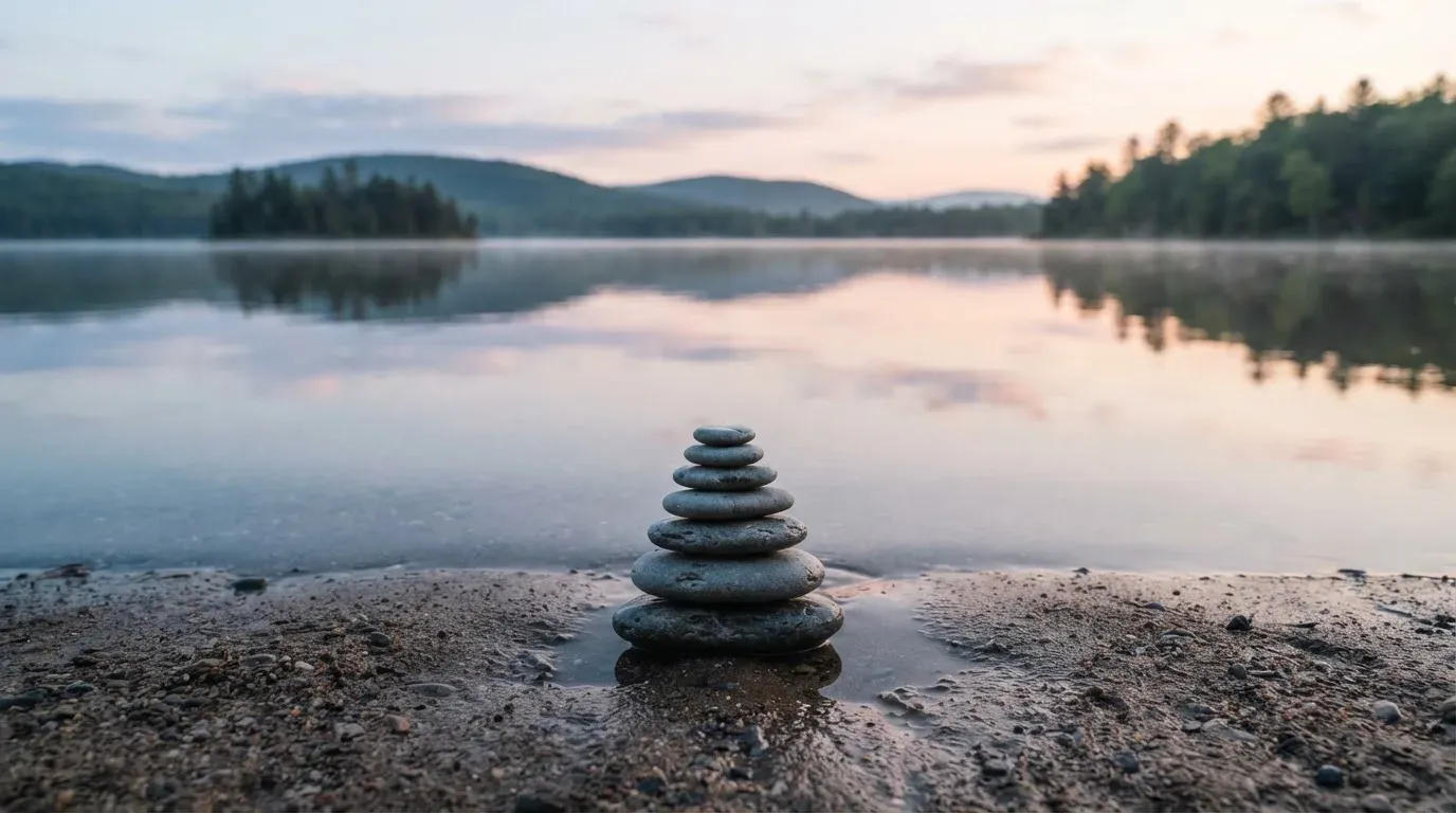 Ein Stapel flacher Kieselsteine liegt am Seeufer in der Morgendämmerung, das Wasser ist spiegelglatt.
