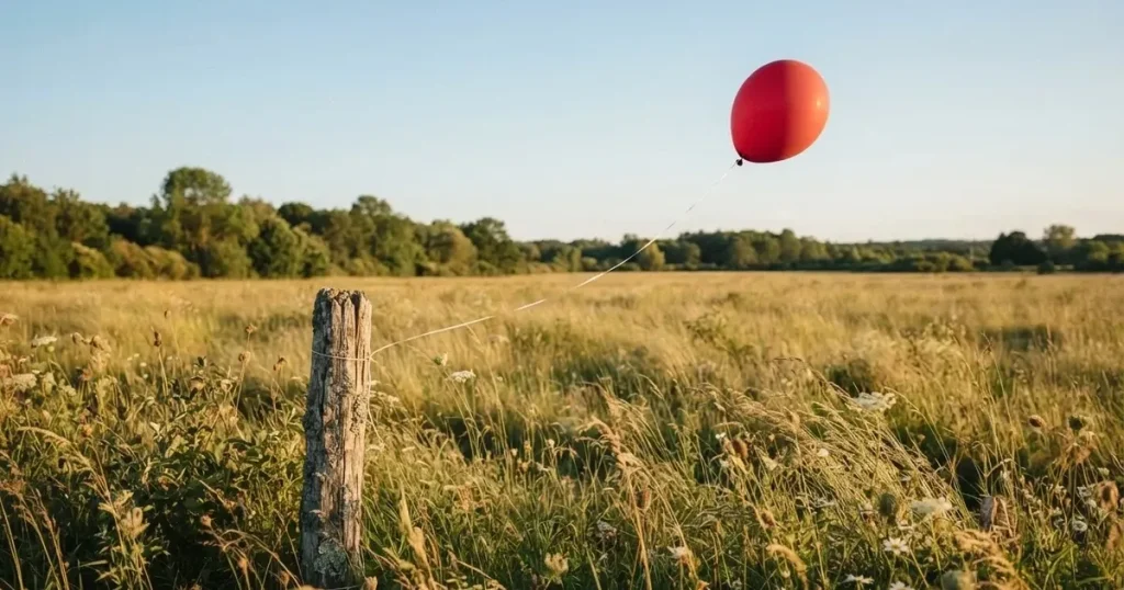 Ein roter Luftballon schwebt an einer dünnen Schnur über einer Sommerwiese, der Himmel dahinter ist klar.