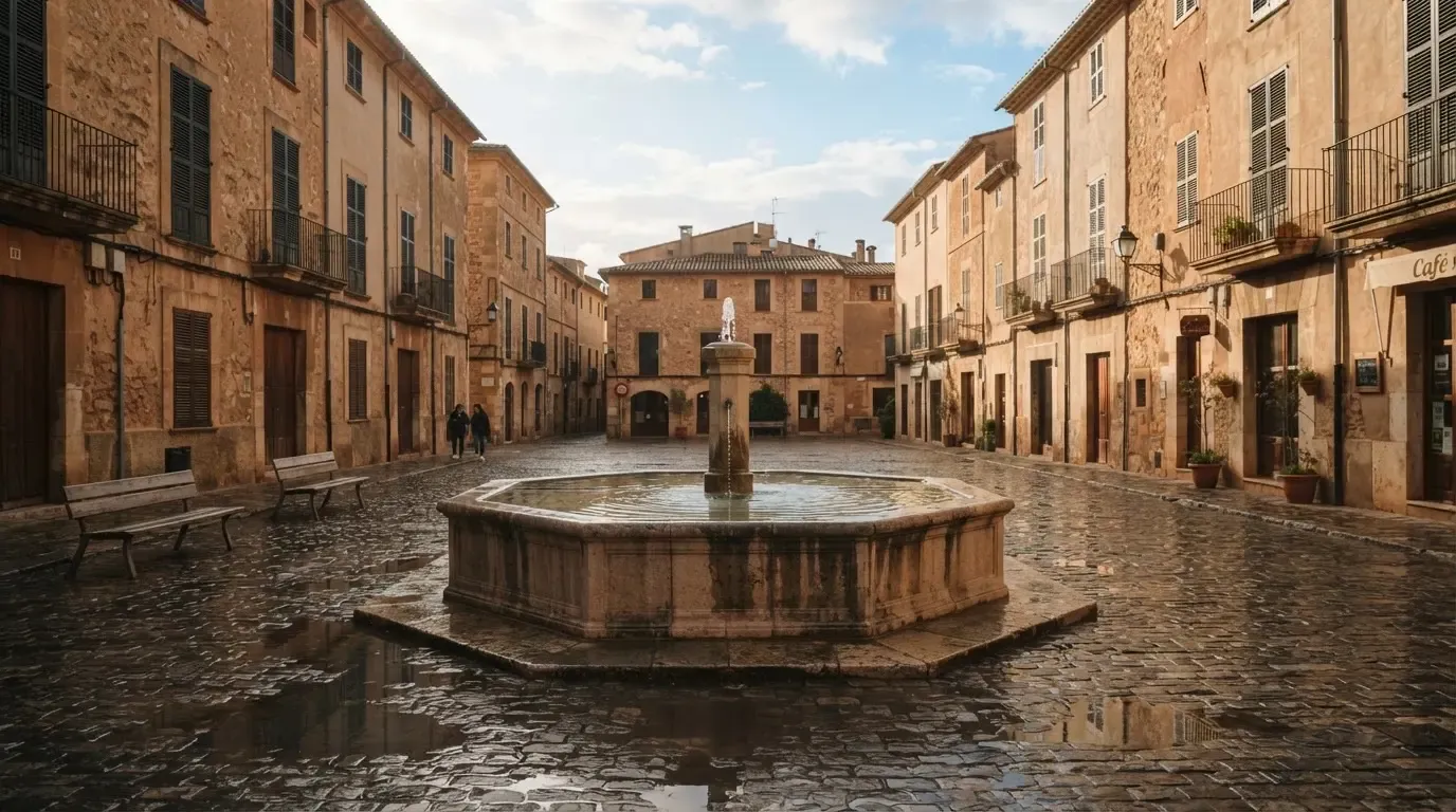 Ein Brunnen auf einem Altstadtplatz zwischen Sandsteinfassaden, nasses Kopfsteinpflaster nach einem Regenschauer.