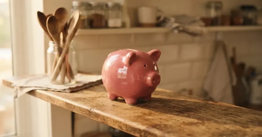 Ein Sparschwein aus Keramik steht auf einem Küchenregal neben einem Glas mit Holzlöffeln.