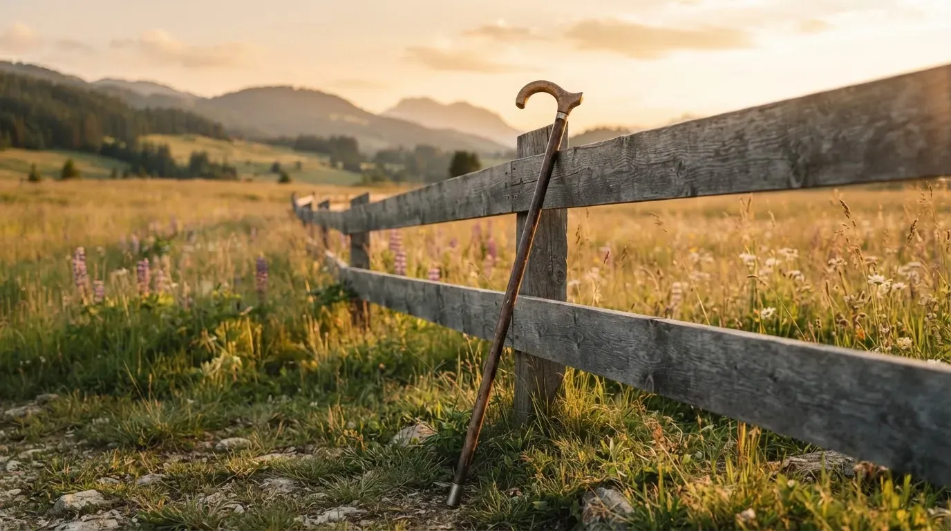 Ein Wanderstock lehnt an einem Gartenzaun, dahinter erstreckt sich eine ruhige Alpwiese im Abendlicht.