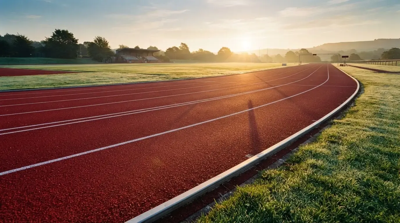 Eine leere Tartanbahn einer Leichtathletikanlage am frühen Morgen, Tau auf den Rasenflächen daneben und tiefstehende Sonne.