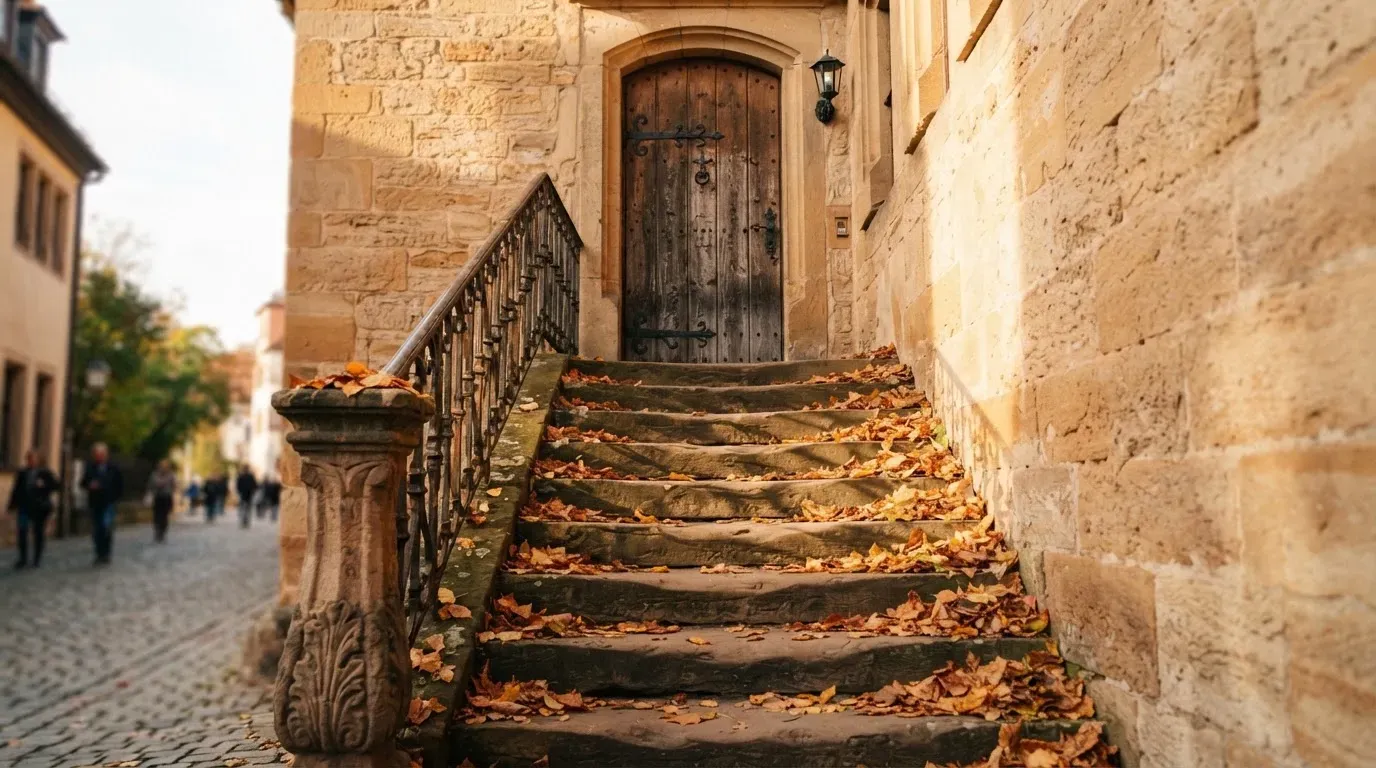 Eine Steintreppe mit Geländer führt zu einer hohen Holztür eines alten Gebäudes, Herbstlaub liegt auf den Stufen.